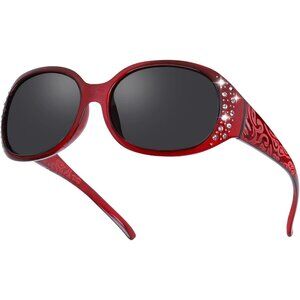 Womens Polarized Red Frame Eyes Protection Sunglasses Rhinestone Around Wrap